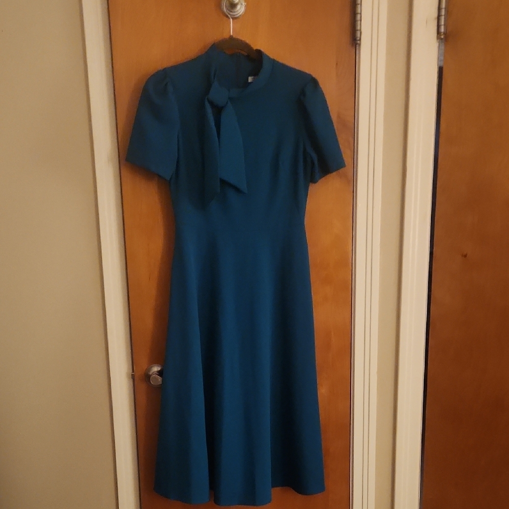 London Style Blue A-Line Midi Dress with Mock Neck